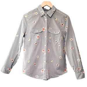 Stripe Floral Button-Down Long Sleeve Top